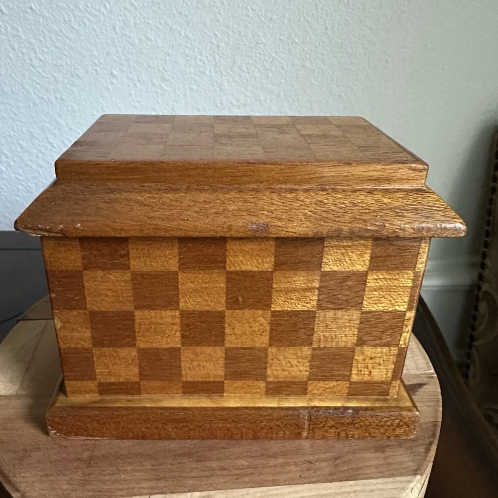 Vintage Wooden Jewelry Box 7x5x5 Inch Chest Checkered Inlay Drawers Green Lined